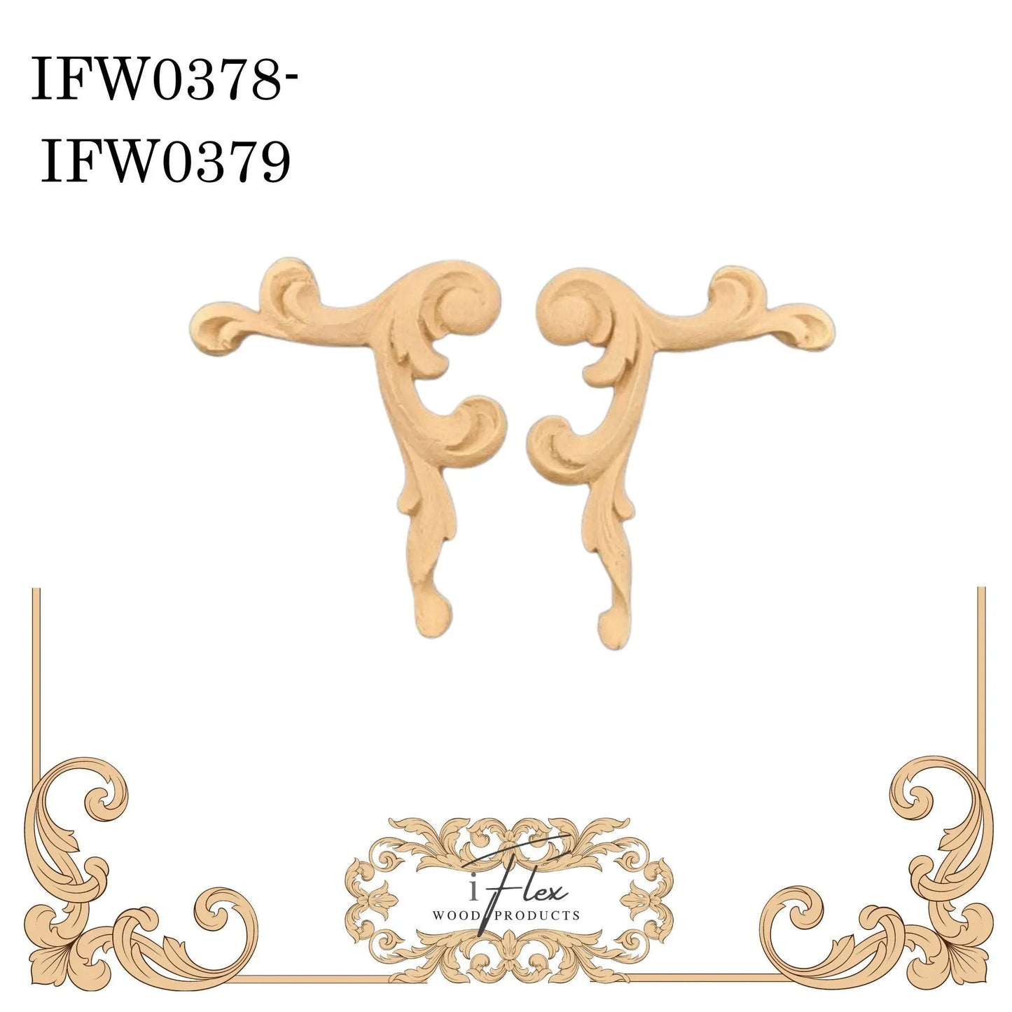 IFW 0378-0379 iFlex Wood Products Pair scrolls bendable mouldings, flexible, wooden appliques