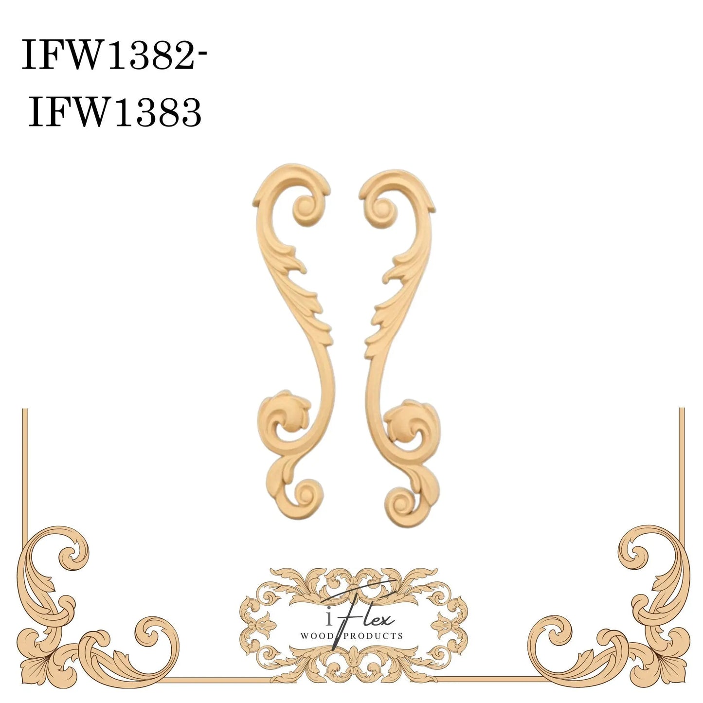 IFW 1382-1383 iFlex Wood Products, bendable mouldings, flexible, wooden appliques, scroll pair