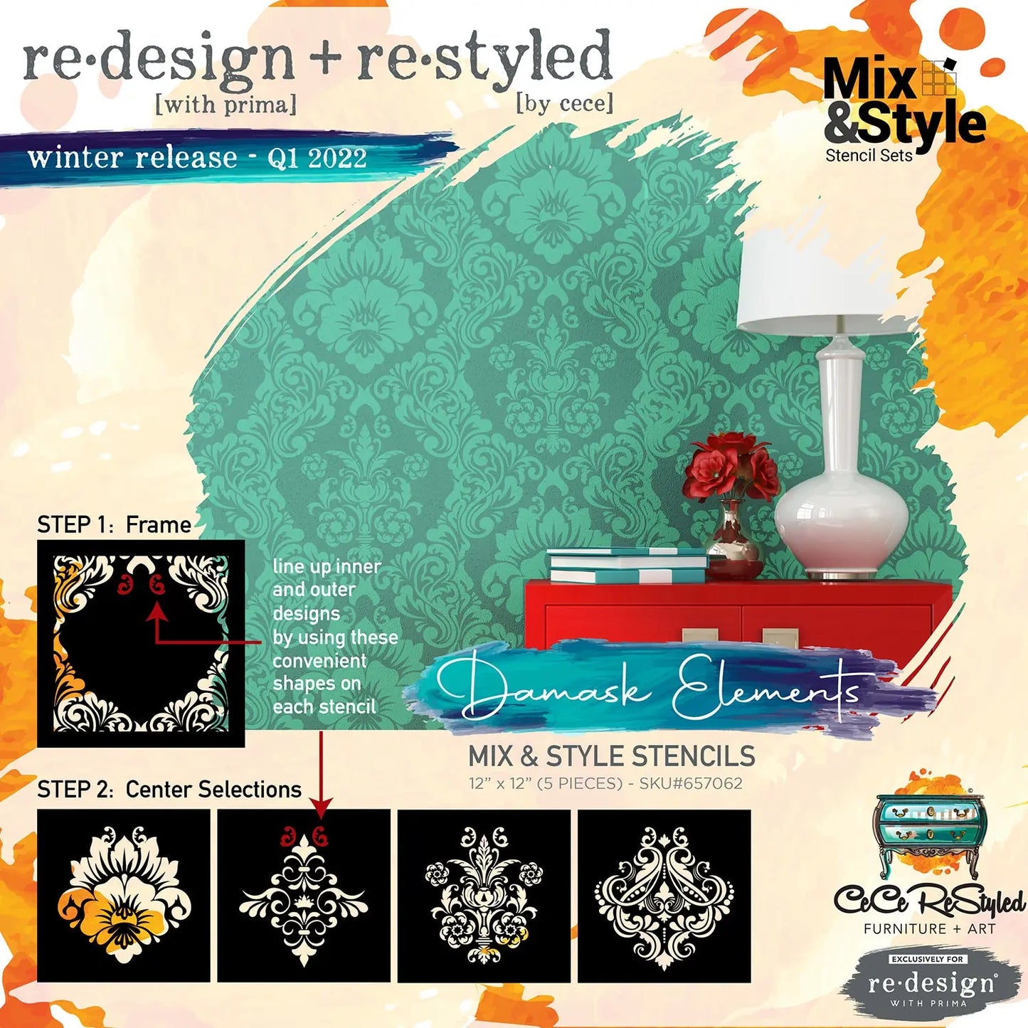 Re- Design with Prima Stencils® Cece - Mix & Style - Damask Elements Prima Re-Design