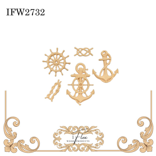 IFW 2732 iFlex Wood Products, bendable mouldings, flexible, wooden appliques, nautical, ships wheel, anchor,