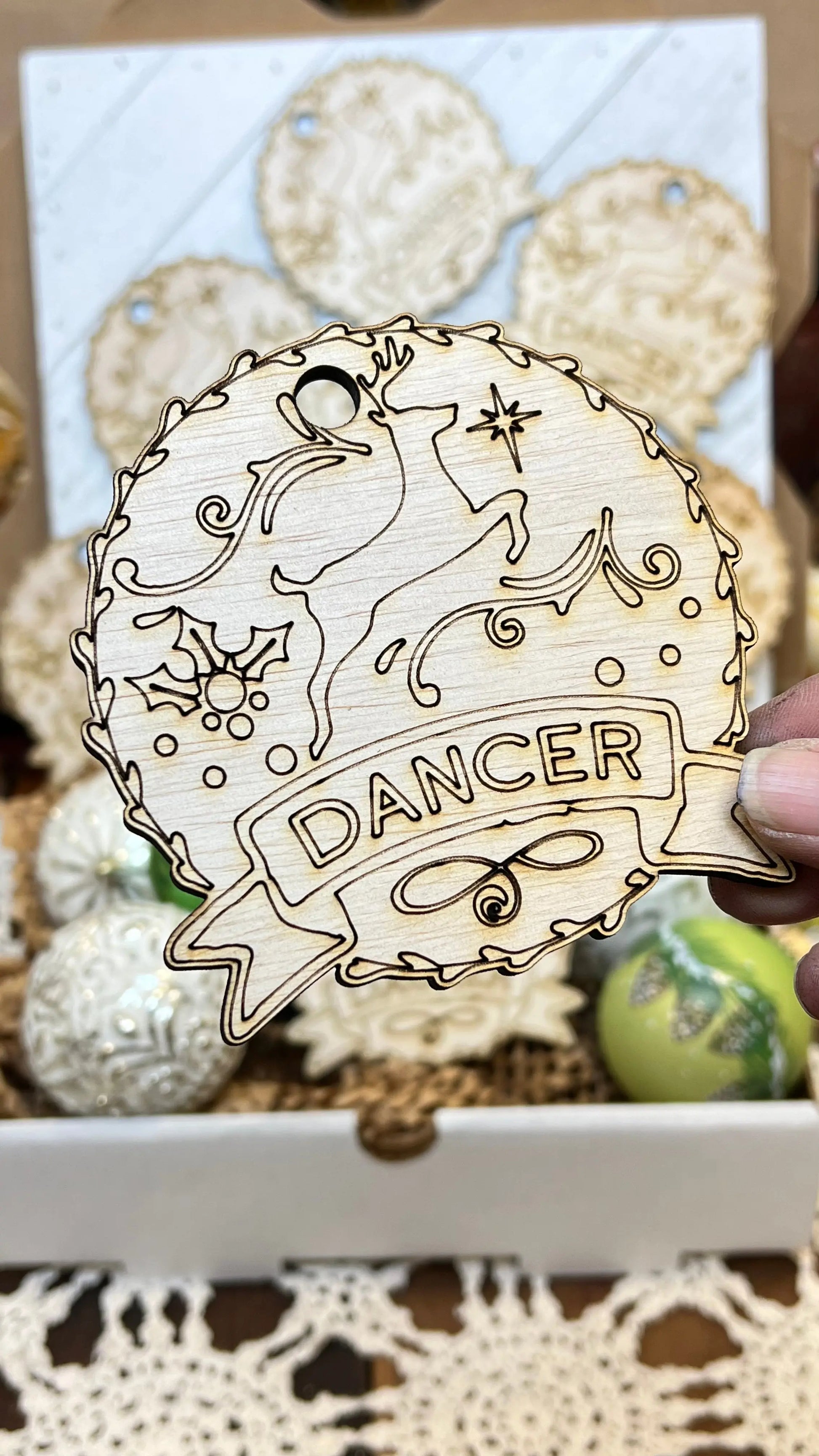Santa's Reindeer ornaments. Custom made 1/4-inch plywood laser cut ornaments. Comet, Cupid, Donner, Blitzen, Dasher, Dancer, Prancer, and Vixen Sisters by Choice