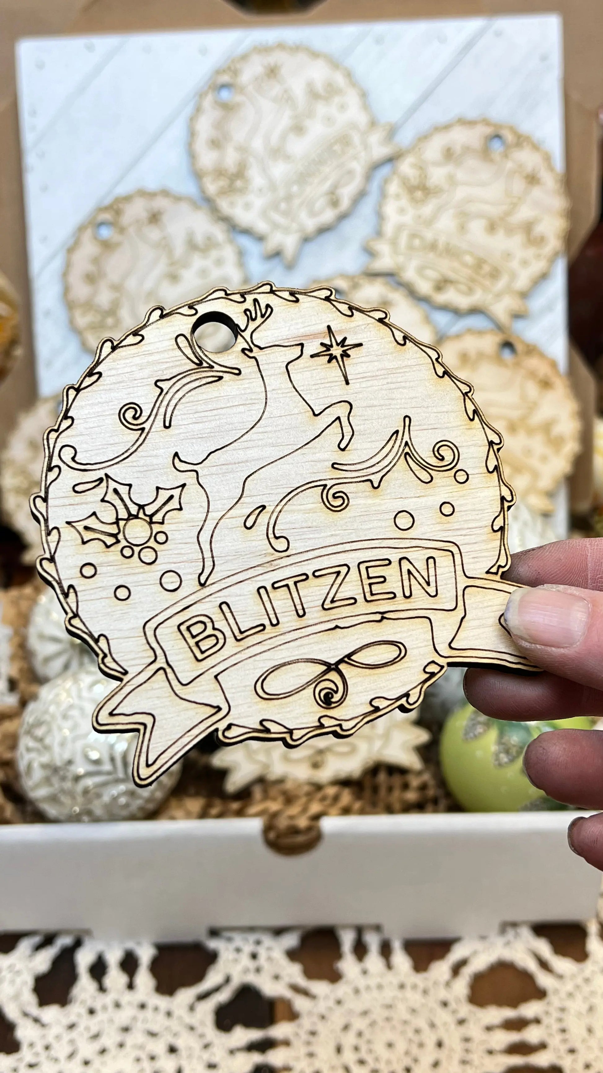 Santa's Reindeer ornaments. Custom made 1/4-inch plywood laser cut ornaments. Comet, Cupid, Donner, Blitzen, Dasher, Dancer, Prancer, and Vixen Sisters by Choice