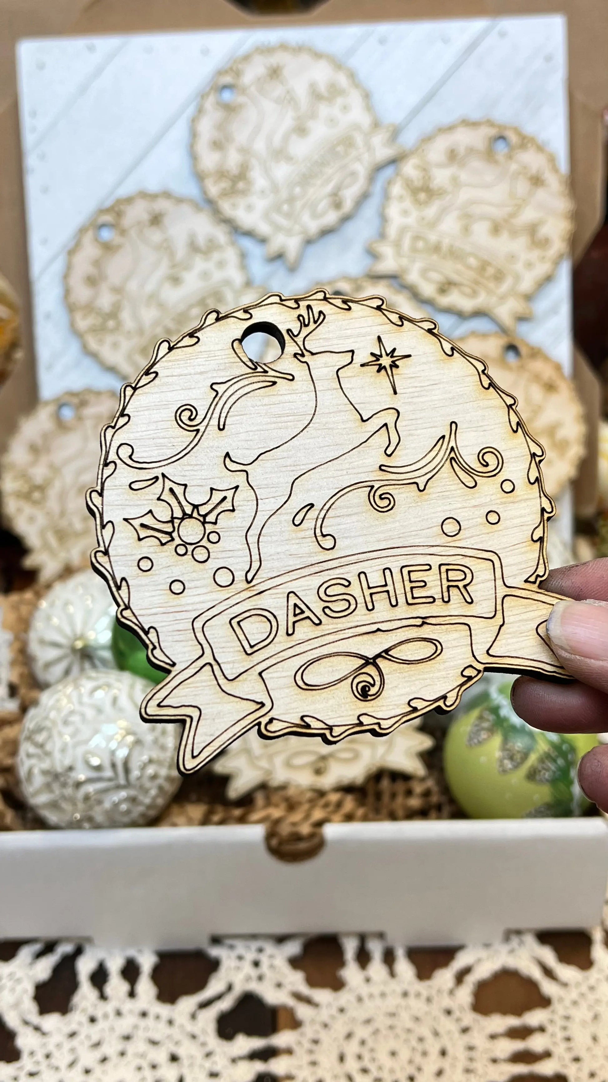 Santa's Reindeer ornaments. Custom made 1/4-inch plywood laser cut ornaments. Comet, Cupid, Donner, Blitzen, Dasher, Dancer, Prancer, and Vixen Sisters by Choice