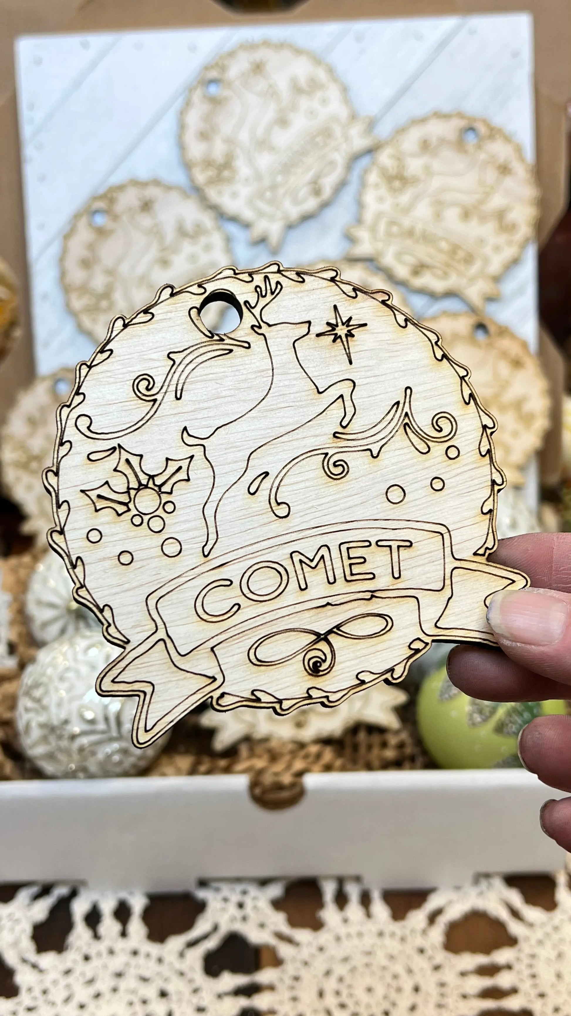 Santa's Reindeer ornaments. Custom made 1/4-inch plywood laser cut ornaments. Comet, Cupid, Donner, Blitzen, Dasher, Dancer, Prancer, and Vixen Sisters by Choice