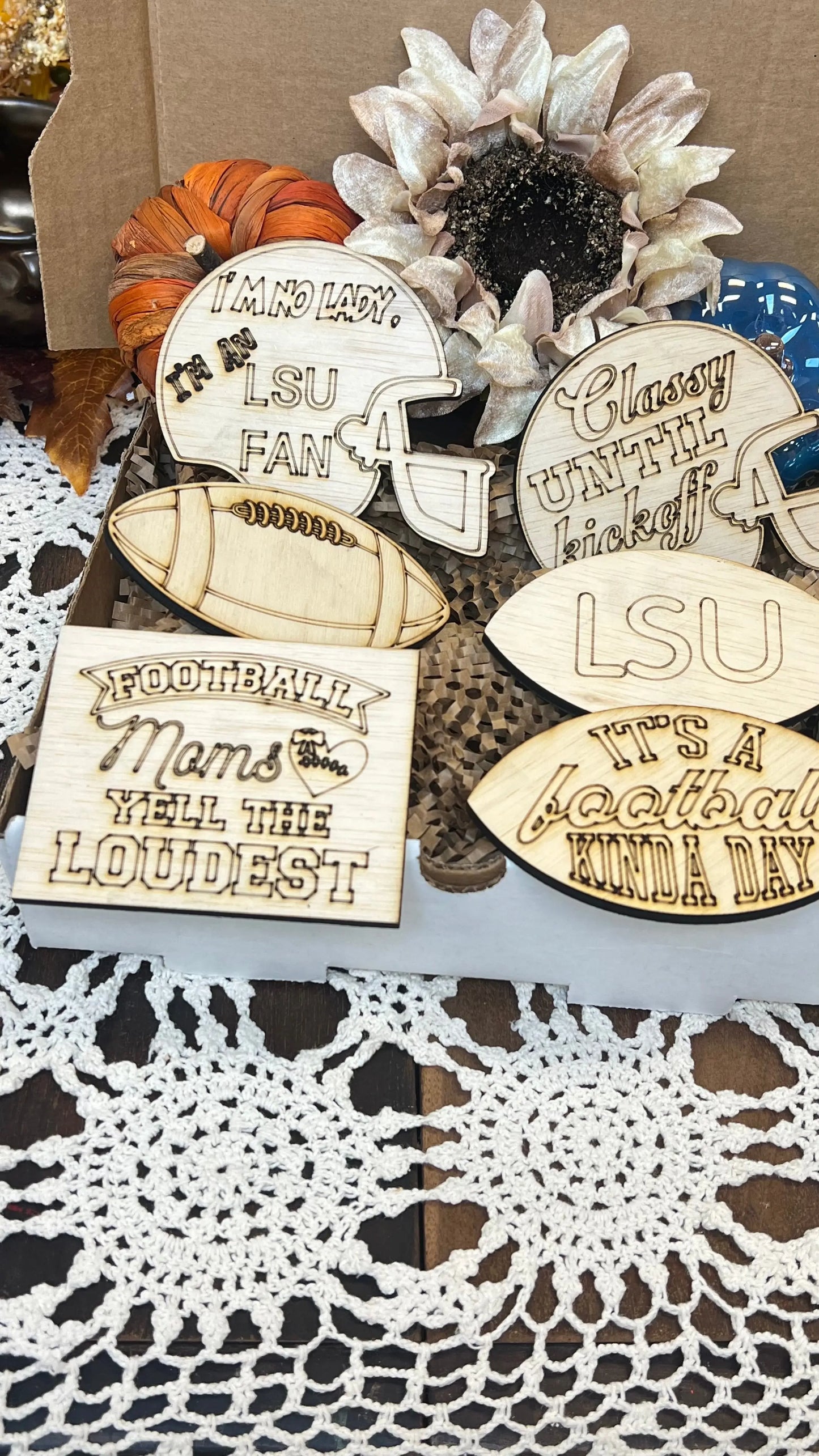 Football tiered tray decor: I am no lady, I'm a LSU fan, 7 piece set Sisters by Choice