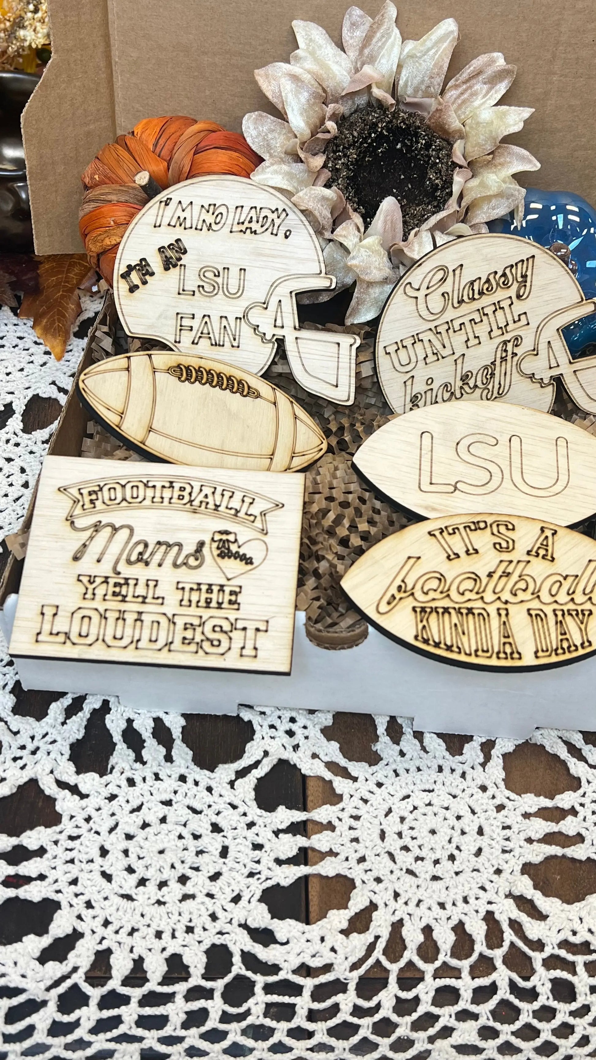 Football tiered tray decor: I am no lady, I'm a LSU fan, 7 piece set Sisters by Choice