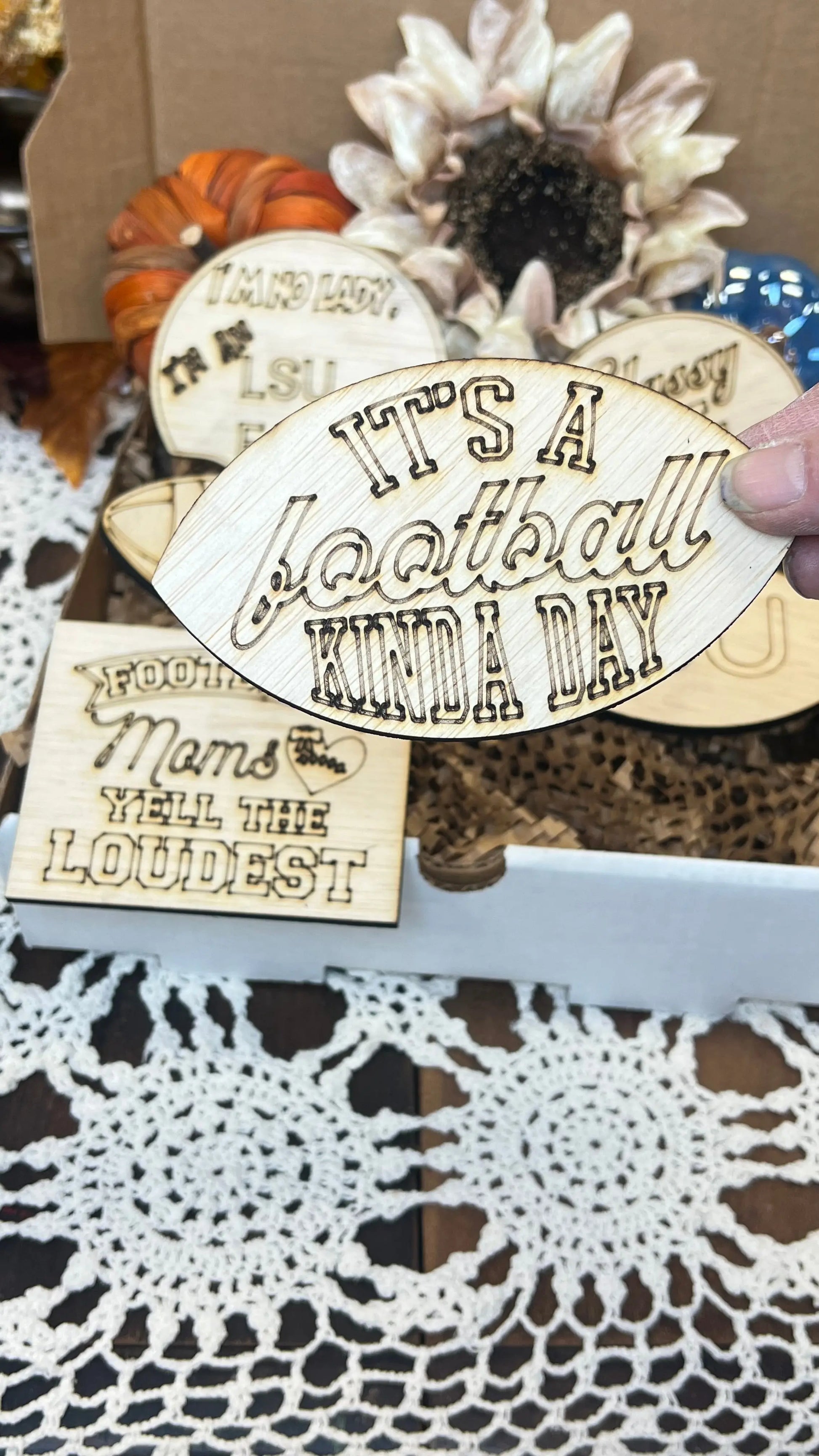 Football tiered tray decor: I am no lady, I'm a LSU fan, 7 piece set Sisters by Choice