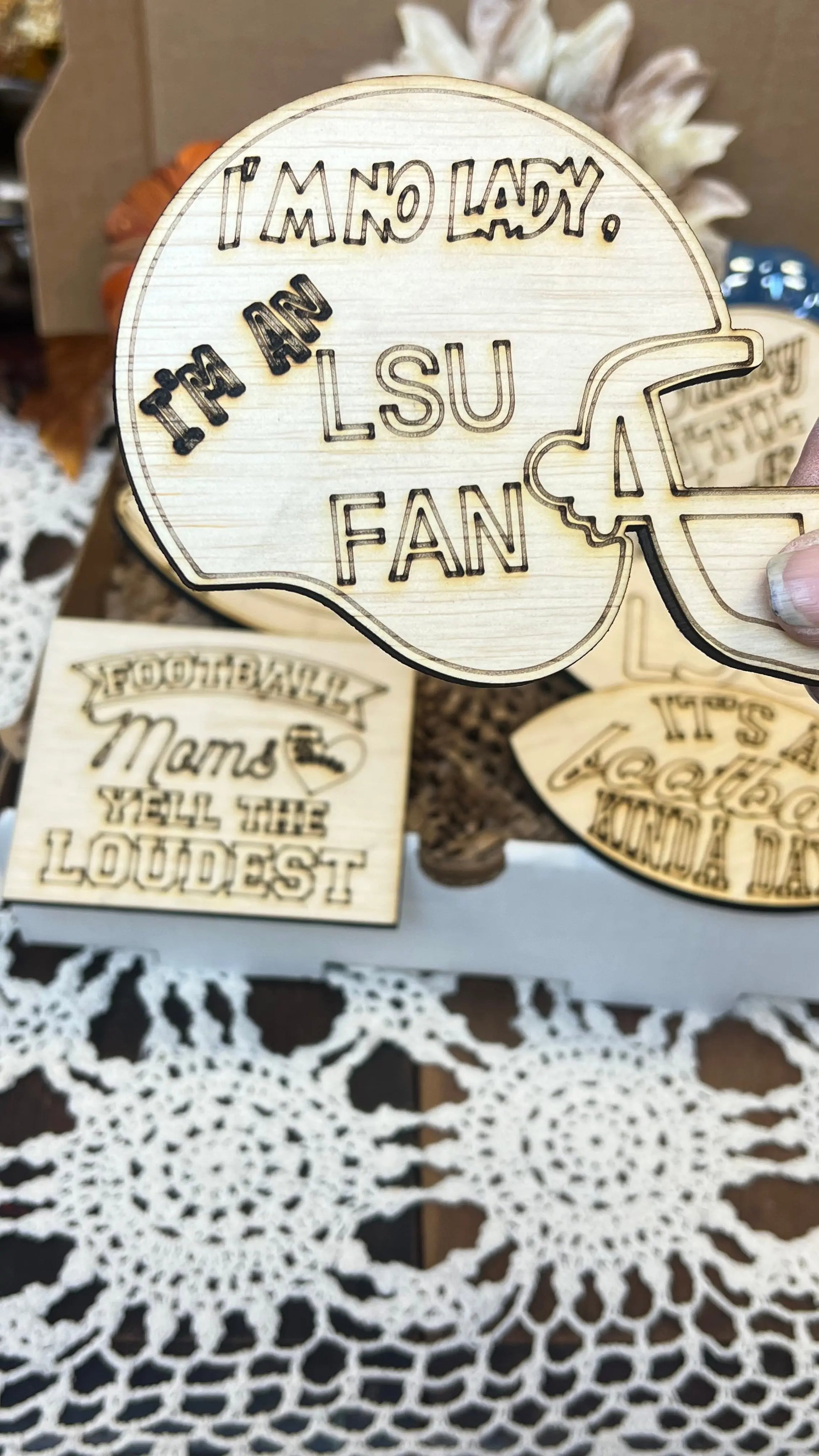 Football tiered tray decor: I am no lady, I'm a LSU fan, 7 piece set Sisters by Choice