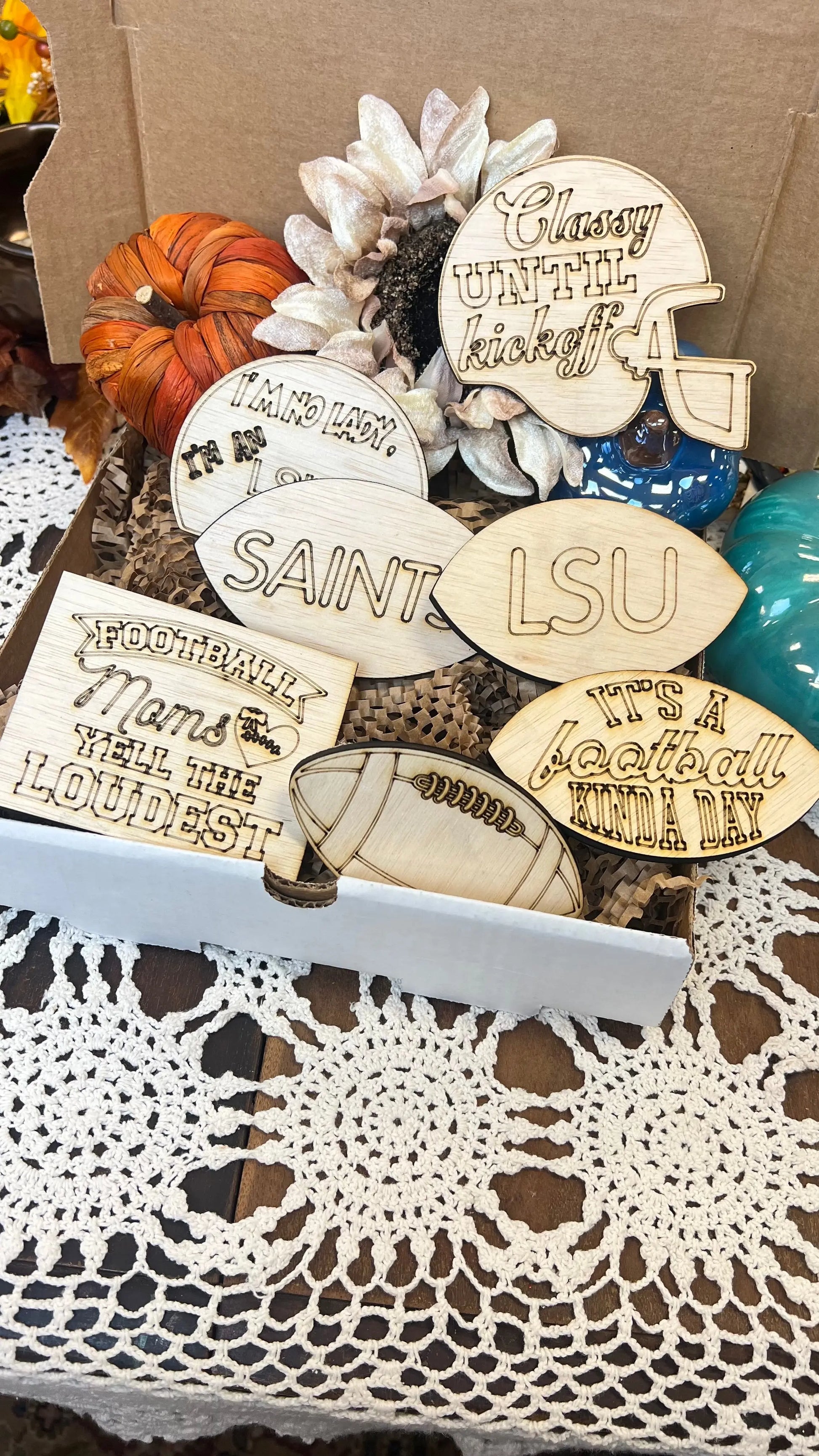 Football tiered tray decor: I am no lady, I'm a LSU fan, 7 piece set Sisters by Choice