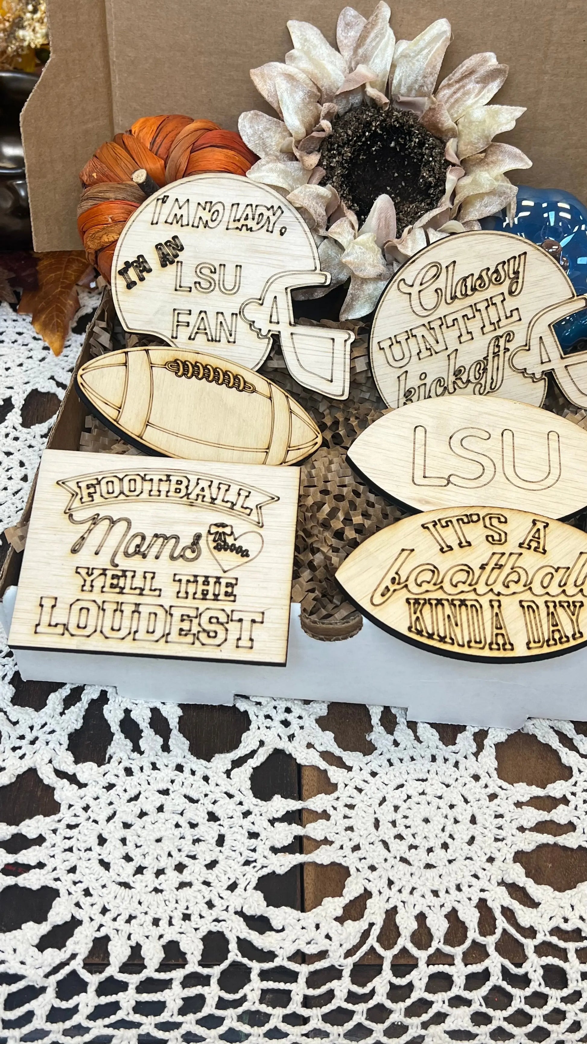 Football tiered tray decor: I am no lady, I'm a LSU fan, 7 piece set Sisters by Choice
