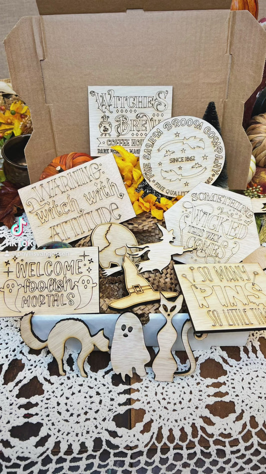Witches Brew tiered tray set, DIY 1/4 birch, 10 piece set of decor for October