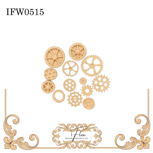 IFW 0515  iFlex Wood Products gears, steampunk Flexible Pliable Embellishment