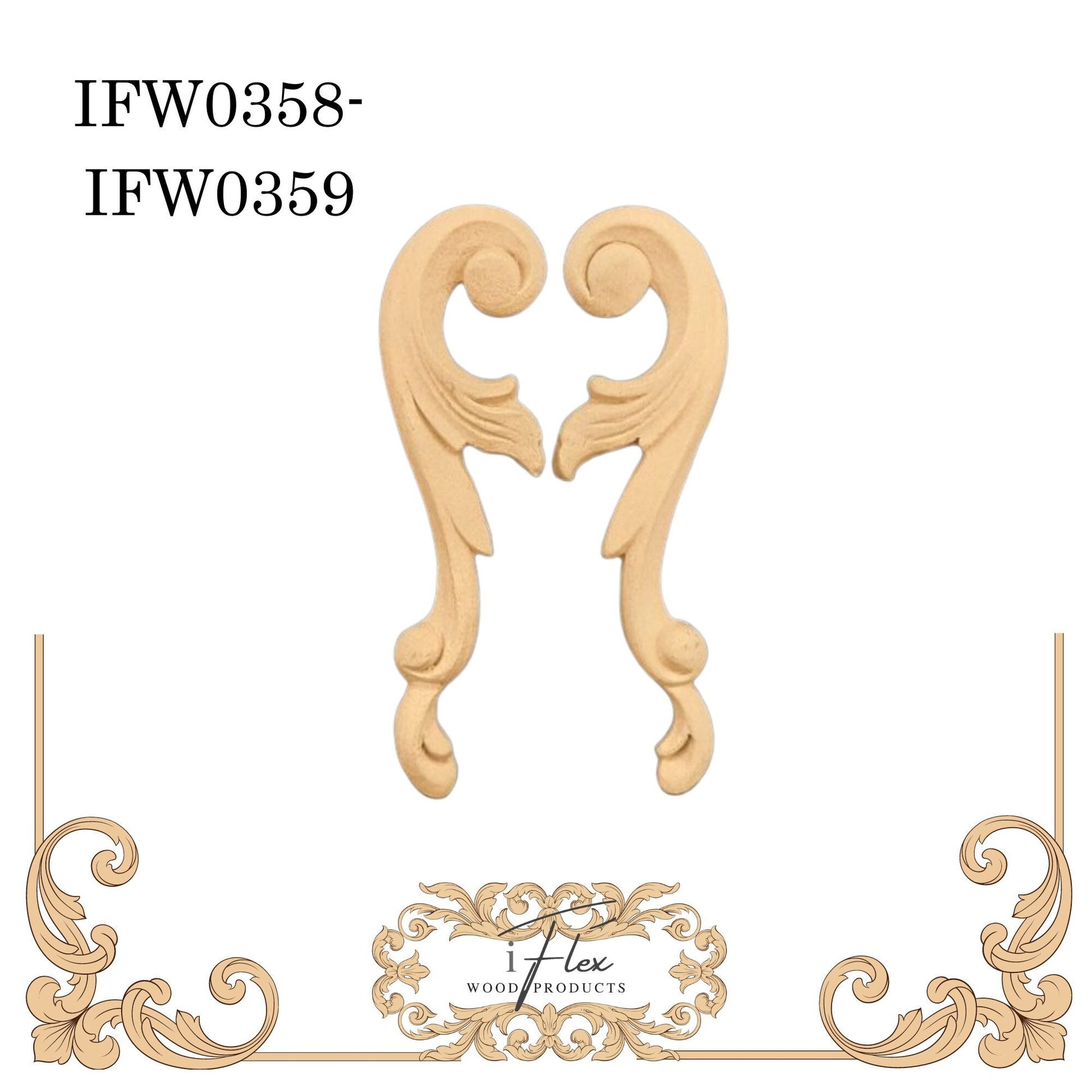 IFW 0358-0359  iFlex Wood Products Scroll Pair bendable mouldings, flexible, wooden appliques