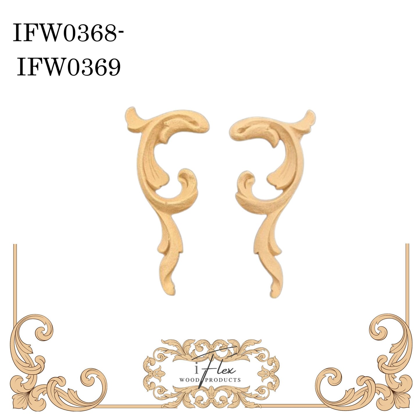 IFW 0368-0369  iFlex Wood Products Pair Scroll bendable mouldings, flexible, wooden appliques