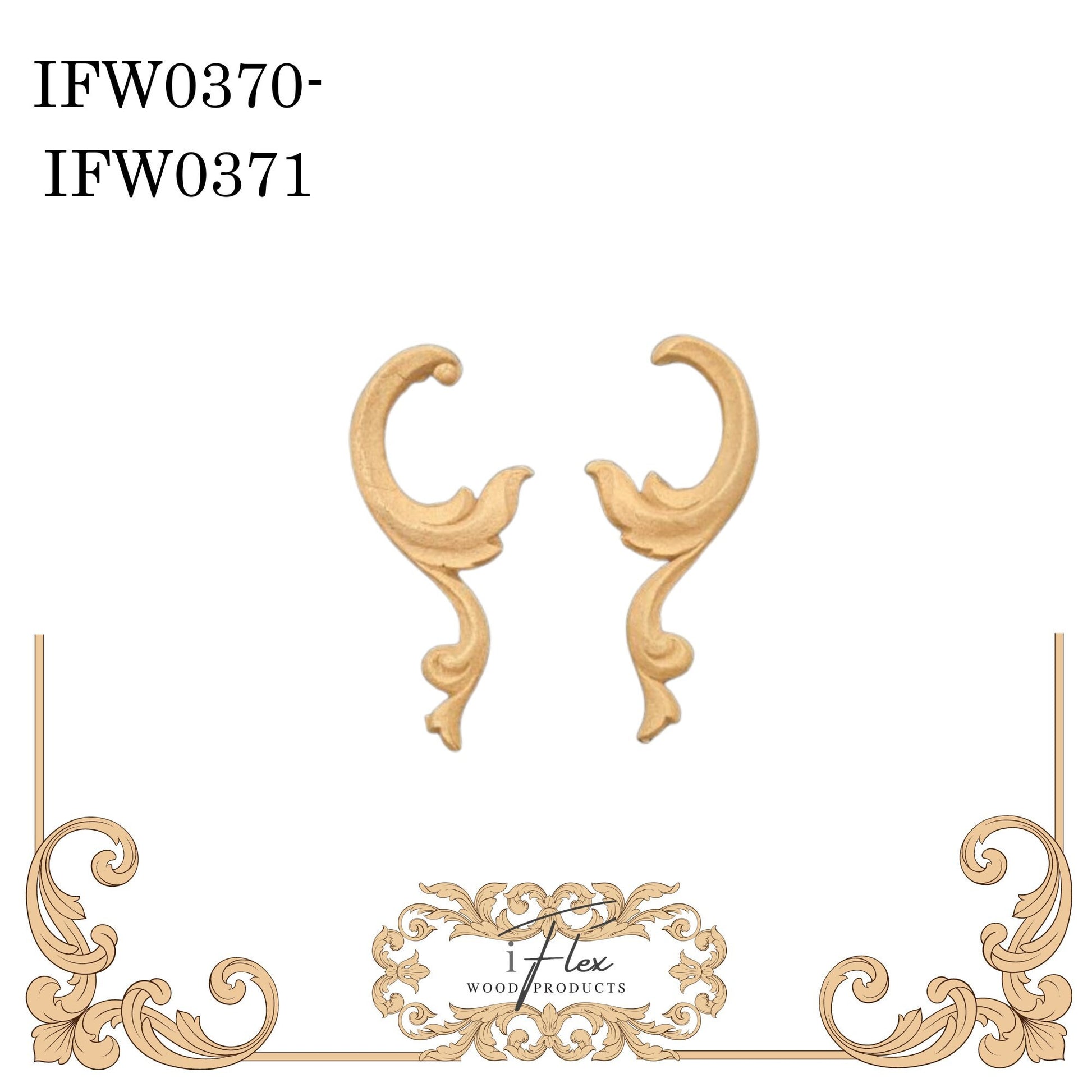 IFW 0370-0371  iFlex Wood Products Pair scrolls bendable mouldings, flexible, wooden appliques
