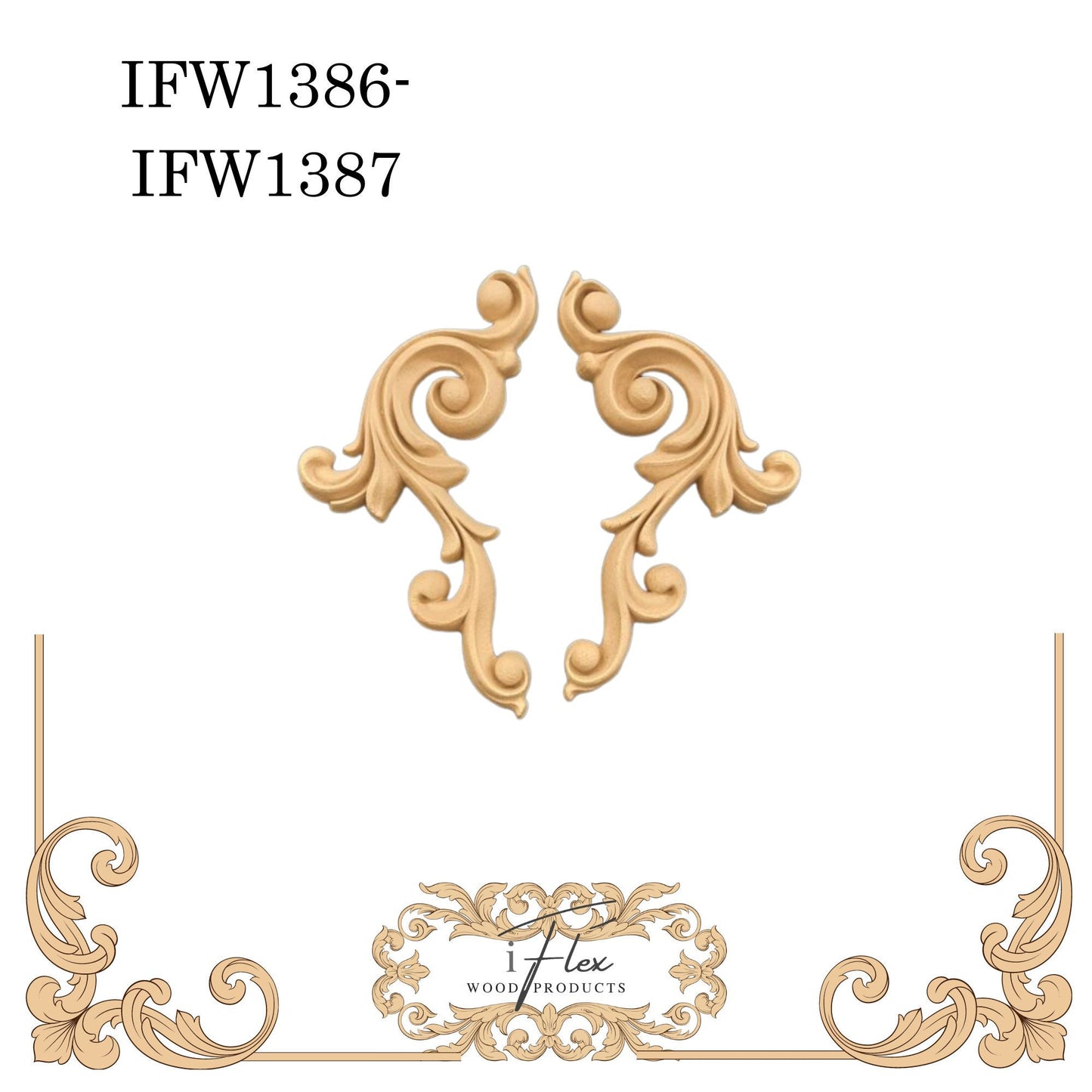 IFW 1386-1387 iFlex Wood Products, bendable mouldings, flexible, wooden appliques, scroll pair