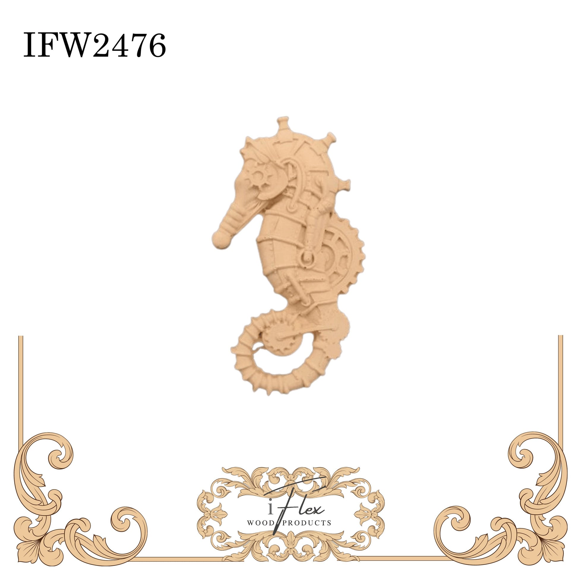 IFW 2476 iFlex Wood Products, bendable mouldings, flexible, wooden appliques, seahorse, steampunk, nautical
