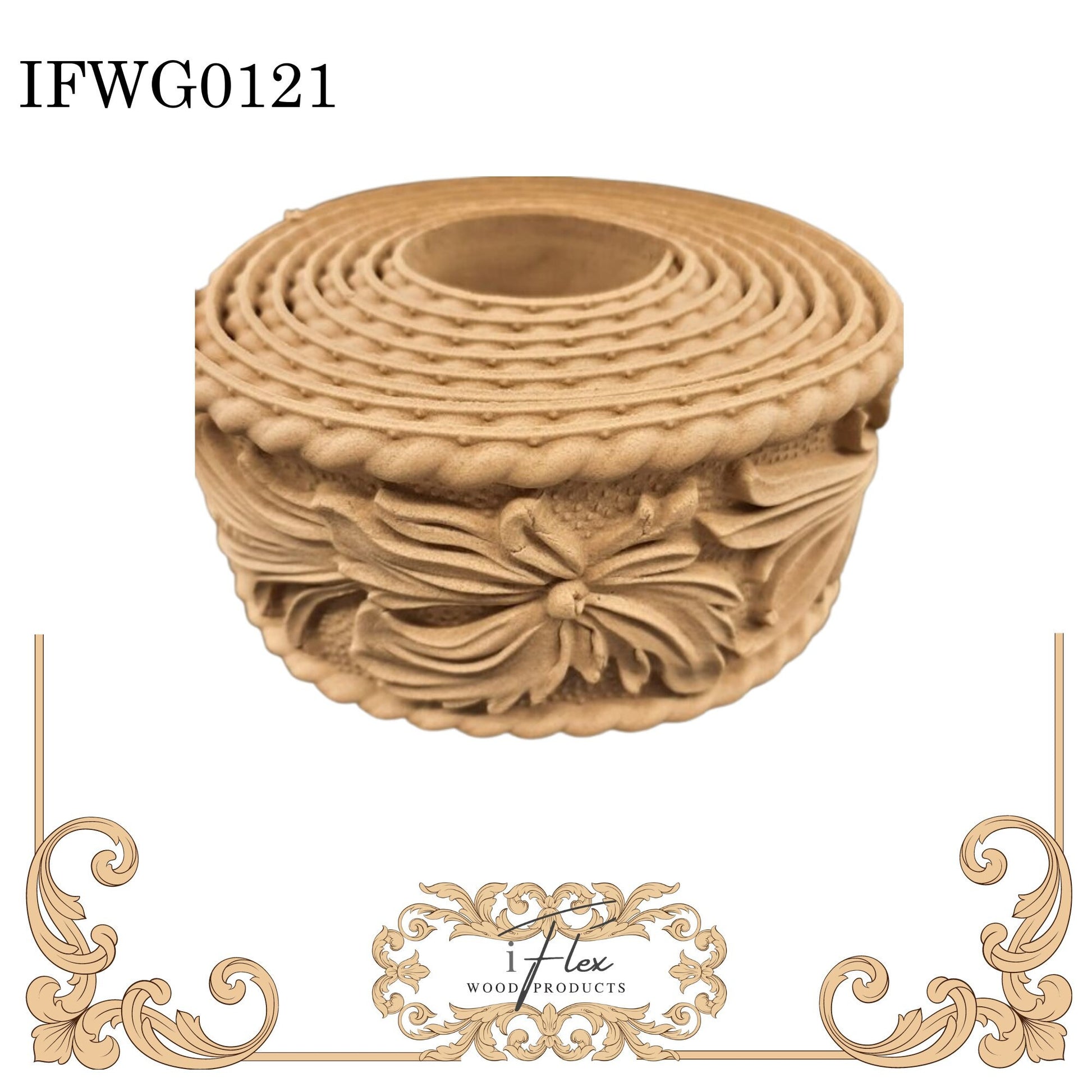 Large trim with flowers and scrolls IFW G0121 iFlex Wood Products, bendable mouldings, flexible, wooden appliques, trim, customer favorite