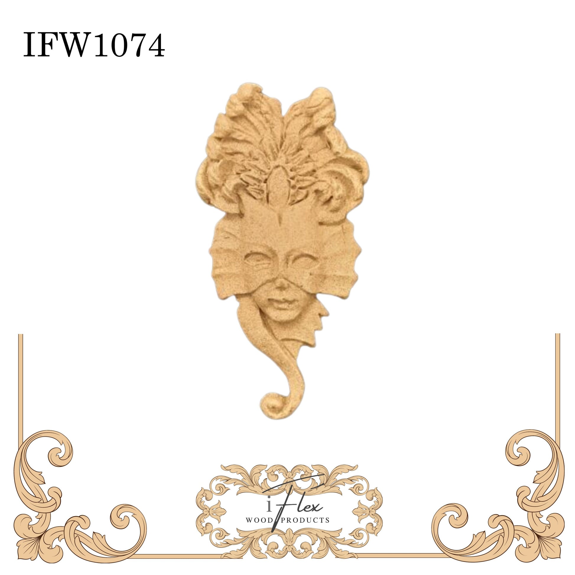 IFW 1074 iFlex Wood Products, bendable mouldings, flexible, wooden appliques, Mardi Gras Mask, lady mask